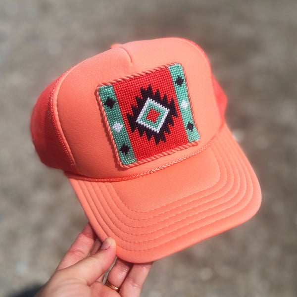 Coral Aztec Needlepoint Trucker Hat
