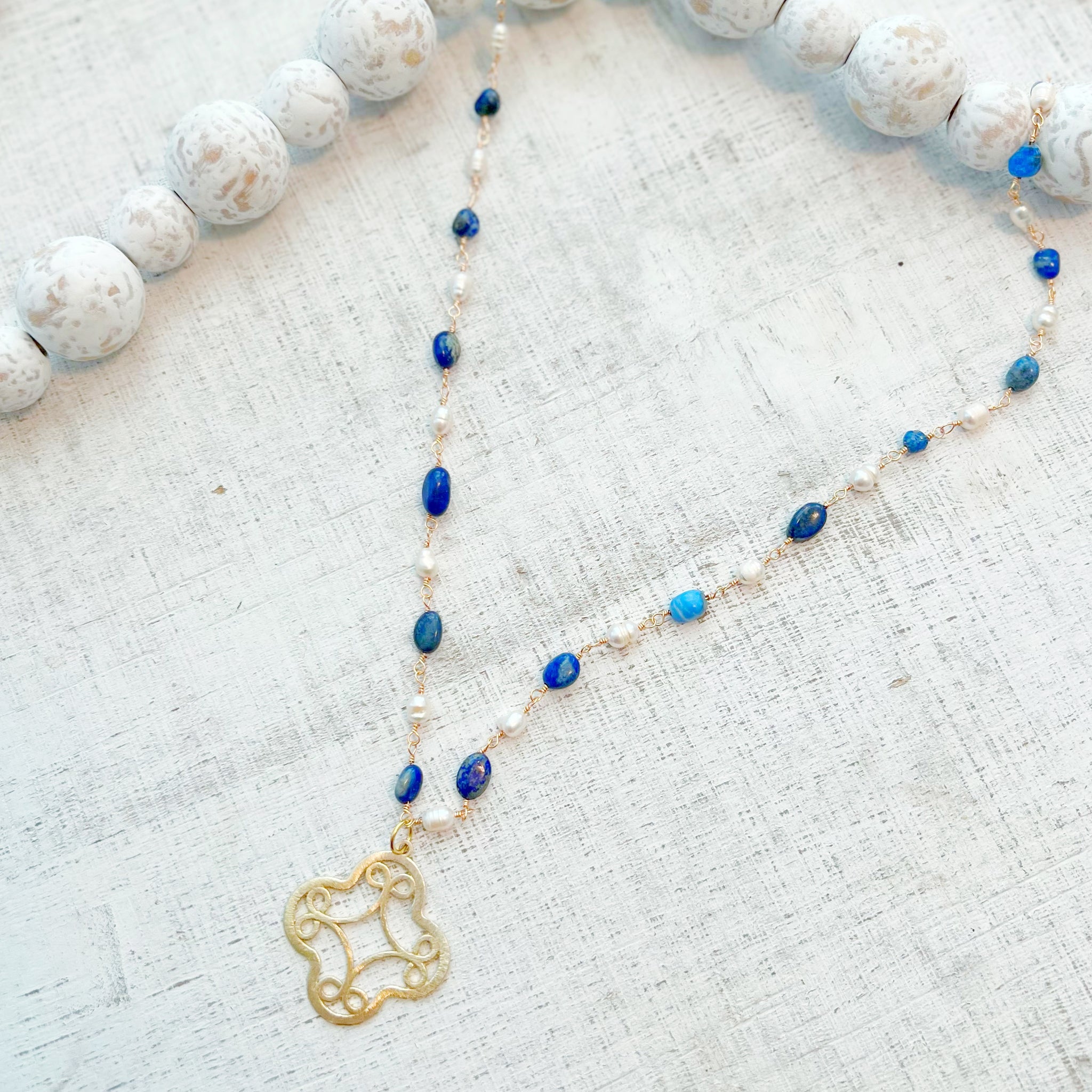 Azure Blue Quartz Rosary Pendant Necklace